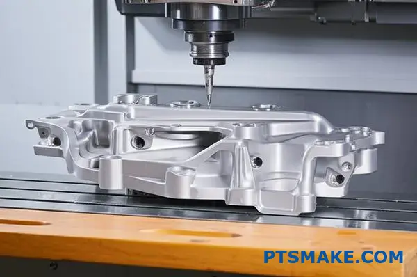 Advanced multi-axis CNC machine tool creating precision titanium component with complex curved surfaces and detailed features