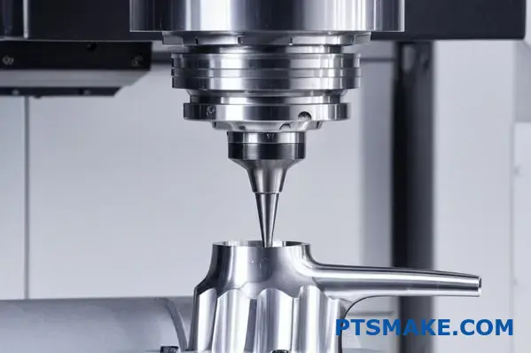 Advanced multi axis CNC machining system processing high-performance titanium aerospace component with precision tooling
