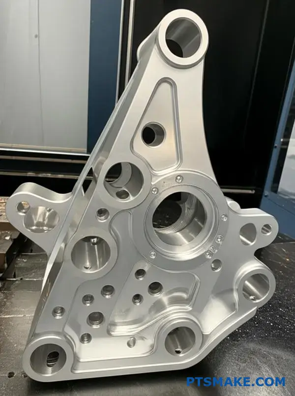 Intricately machined aluminum aerospace bracket showcasing multi-axis CNC manufacturing capabilities and precision engineering features