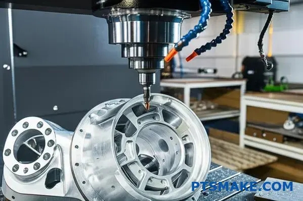 Advanced multi-axis CNC machine precisely cutting intricate aluminum part with curved surfaces, demonstrating superior machining capabilities for complex geometries