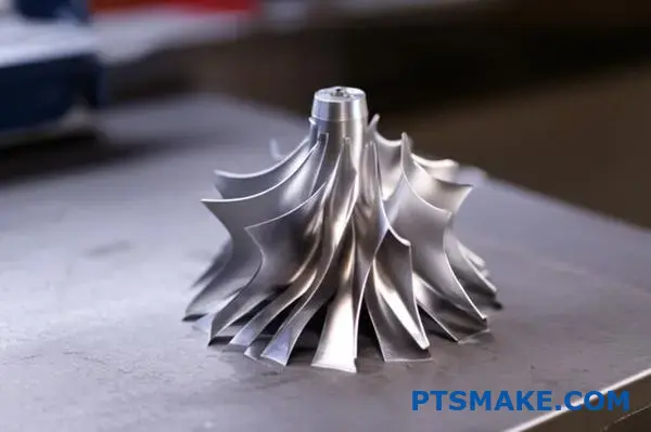 Complex aluminum turbine blade showcasing advanced multi-axis CNC machining capabilities for aerospace applications