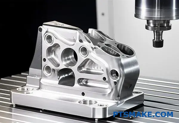 Precision titanium aerospace bracket manufactured using advanced multi-axis CNC machining technology on industrial workbench