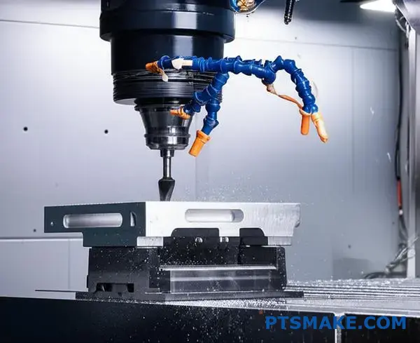 Advanced multi-axis CNC machine processing complex aluminum aerospace bracket showing precision manufacturing capabilities