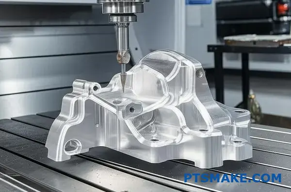 Advanced multi-axis CNC machine precisely machining complex aluminum aerospace bracket showcasing superior accuracy and surface finish capabilities