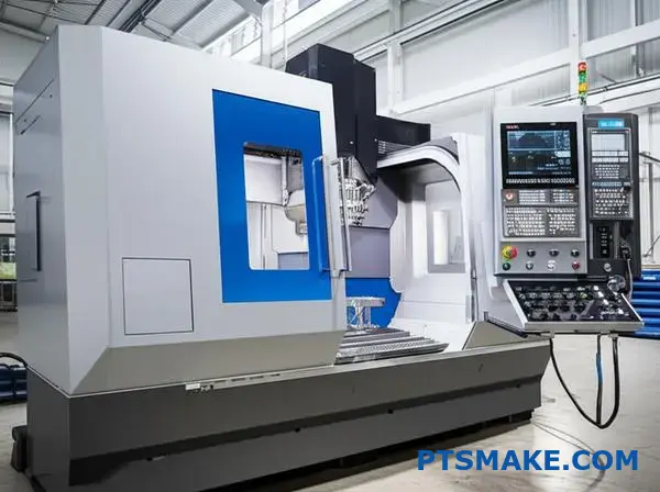 Advanced multi-axis CNC machine performing precision machining on complex aerospace component in industrial workshop setting