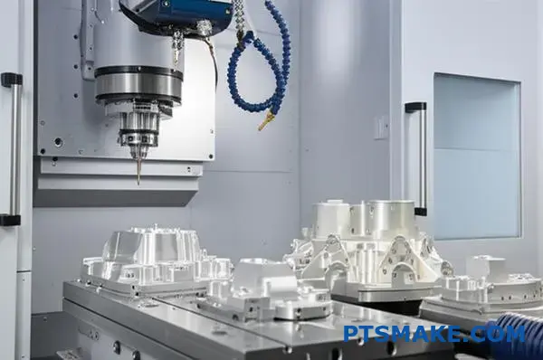 Advanced multi-axis CNC machine manufacturing precision aluminum components with sophisticated geometries and detailed surface finishes