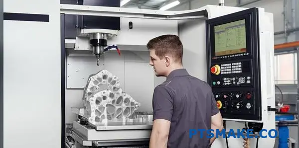Professional technician operating advanced multi-axis CNC machining center for precision manufacturing