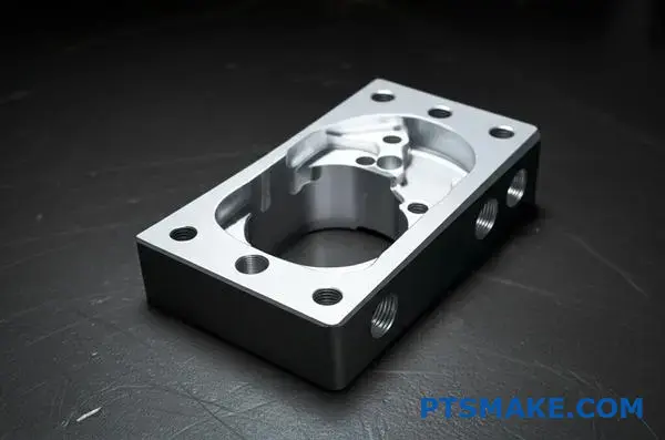 High precision multi-axis CNC machined aluminum aerospace component on industrial workbench surface