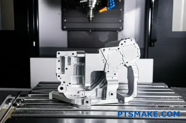 Frezarka CNC produkująca precyzyjny aluminiowy wspornik samochodowy prezentuje możliwości produkcji małoseryjnej