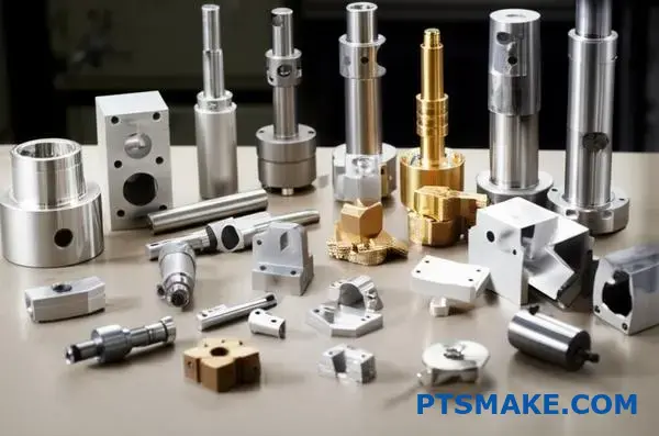 Kolekcja niestandardowych komponentów obrabianych CNC do zastosowań w przemyśle lotniczym, motoryzacyjnym i elektronice medycznej na stole warsztatowym