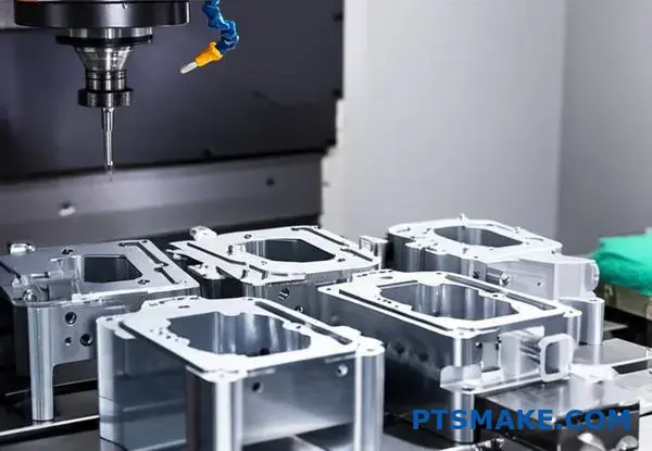 Precyzyjnie obrabiane CNC aluminiowe części obudowy prezentujące możliwości produkcji małoseryjnej i jakość wykończenia powierzchni