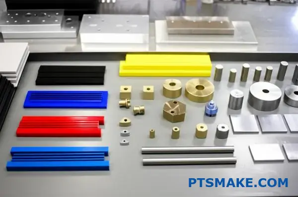 Różne próbki materiałów do projektów precyzyjnej obróbki, pokazujące opcje metalu i plastiku do produkcji małoseryjnej