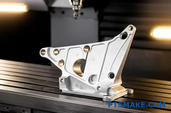 Pięcioosiowa maszyna CNC precyzyjnie produkująca aluminiowy wspornik samochodowy, demonstrująca możliwości precyzyjnej obróbki małoseryjnej