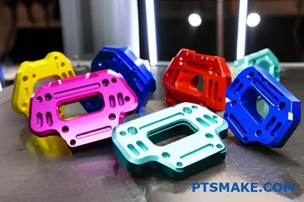 Various anodized aluminum components displaying different vibrant colors achieved through different coloring methods and surface treatment processes