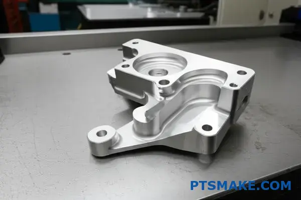 Precyzyjny aluminiowy wspornik samochodowy demonstrujący możliwości obróbki CNC w małych ilościach z doskonałym wykończeniem powierzchni i wąskimi tolerancjami