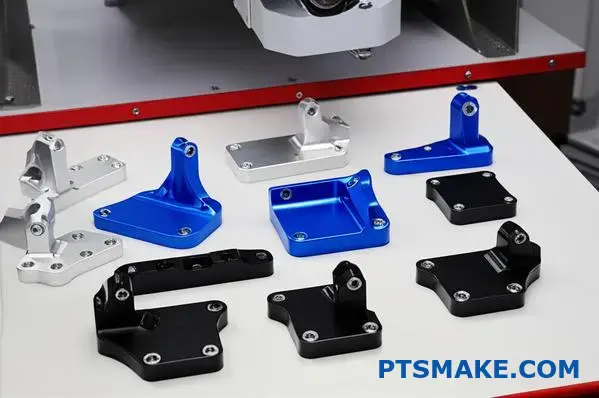 Różne anodowane aluminiowe wsporniki samochodowe prezentujące precyzyjne możliwości produkcji CNC dla małych serii produkcyjnych