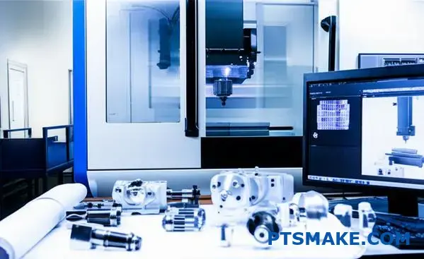 Profesjonalny zespół produkcyjny CNC współpracujący nad projektem precyzyjnej obróbki z rysunkami technicznymi i elementami metalowymi