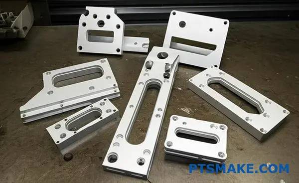 Różne precyzyjnie obrabiane komponenty aluminiowe demonstrujące czynniki złożoności w wycenach produkcji małoseryjnej CNC