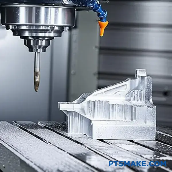 Precyzyjna obróbka CNC wspornika aluminiowego do produkcji małoseryjnej z widocznym szczegółowym procesem cięcia