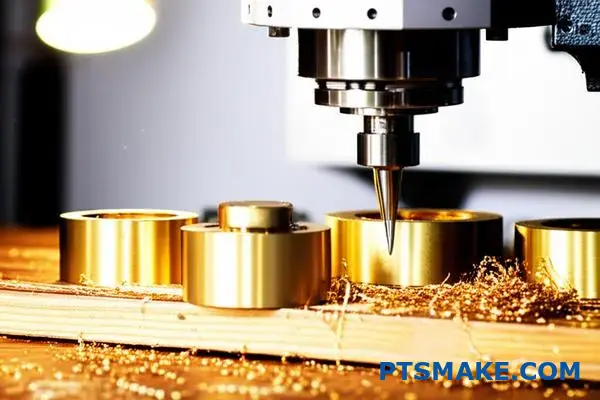 CNC-maskin som exakt skär mässingskomponenter med metallspån, visar tillverkning och bearbetningsteknik för mässing med precision