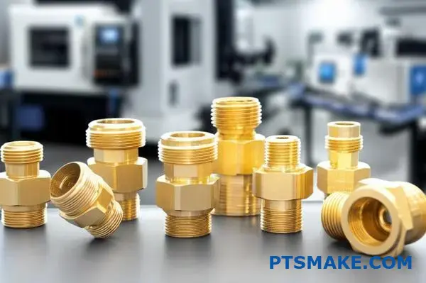 Fordonsanslutningar i mässing med hög precision som visar kvalitetskontroll av CNC-bearbetning och tillverkningskompetens i produktionsmiljö
