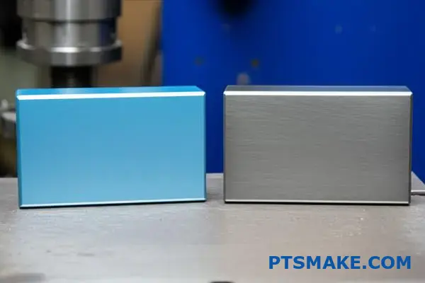 Comparison of Type II and Type III anodized aluminum parts showing different surface coating finishes and thicknesses