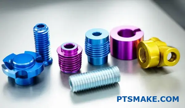 Anodized titanium medical implant parts displaying vibrant surface treatment colors for identification and biocompatibility enhancement