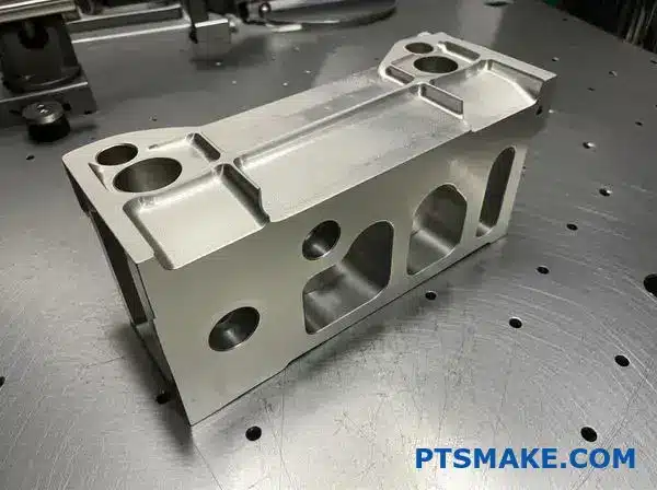 Detailed view of complex aluminum bracket showing deep pockets and welded areas before anodizing treatment process