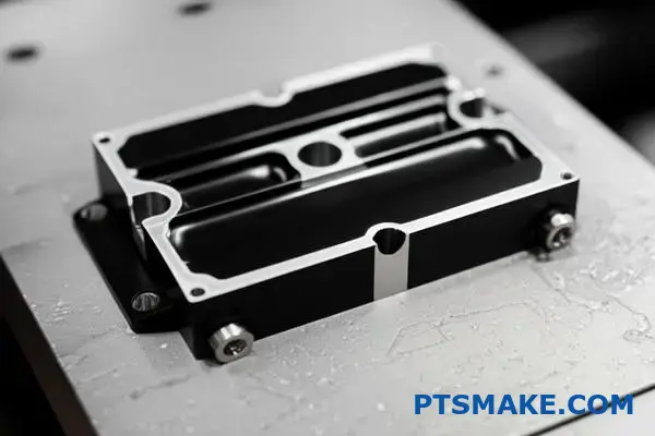 Aluminum part showing selective anodization with masked conductive areas for electrical grounding applications