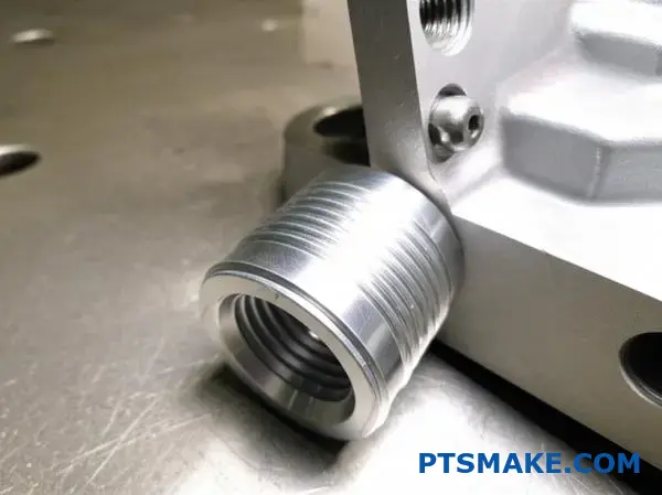 Närbild av avskalade aluminiumgängor som visar toleransfel i en mekanisk monteringskomponent