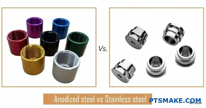 Two metal cylindrical components demonstrating surface treatment differences between anodized aluminum and electroplated chrome finishes on laboratory table