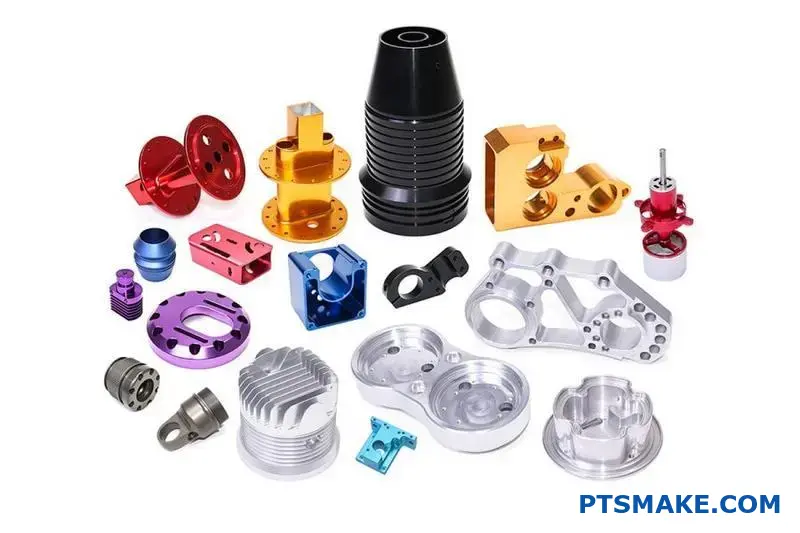 Various CNC Machined Components in Different Colors and Shapes