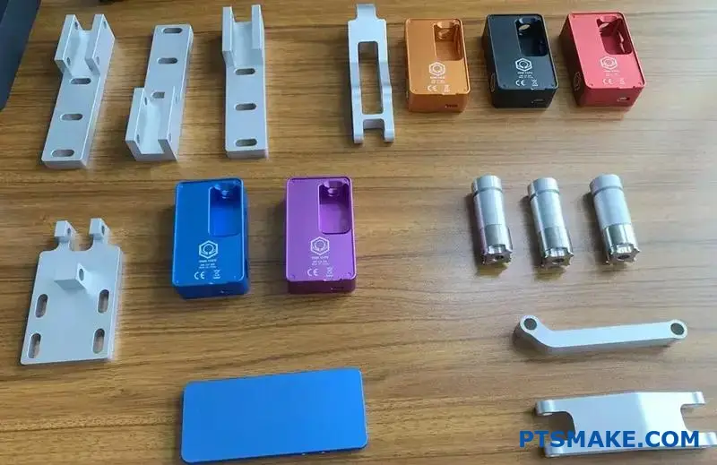 Three aluminum components displaying various anodized surface treatments and protective coatings on desk