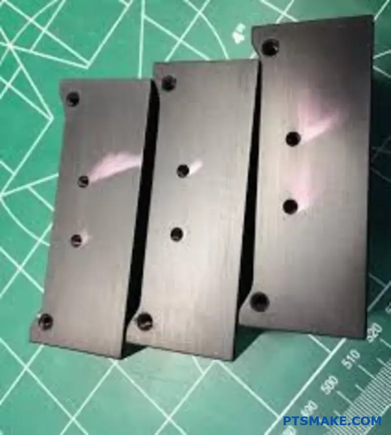Three aluminum mechanical components displaying geometric features that cause anodizing defects and surface treatment challenges