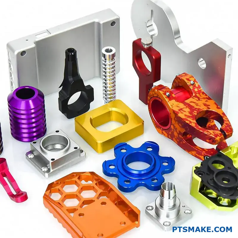 Various anodized aluminum parts displaying different surface finishing techniques and coating qualities on manufacturing table