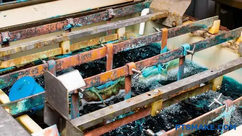 Automotive aluminum components undergoing controlled anodizing dye bath process for consistent blue color finish