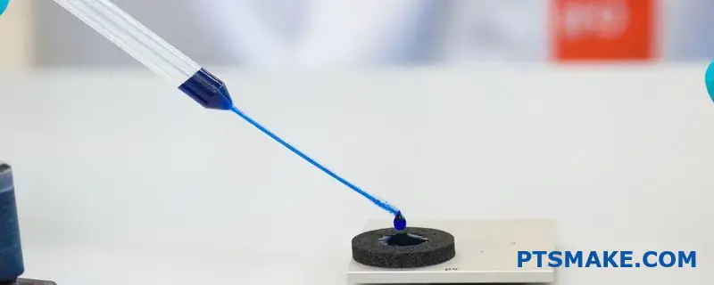 Purple dye testing liquid applied to blue anodized aluminum part for seal quality inspection