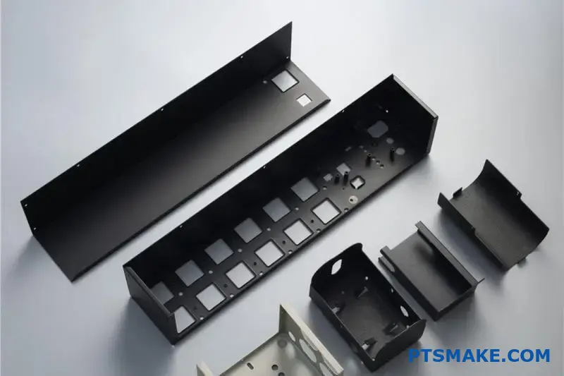 Comparison of black anodized aluminum panels showing different surface treatment finishes and coating options