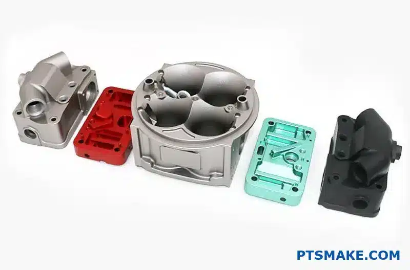 Various aluminum components showcasing different hardcoat anodized surface treatments and thicknesses on laboratory surface