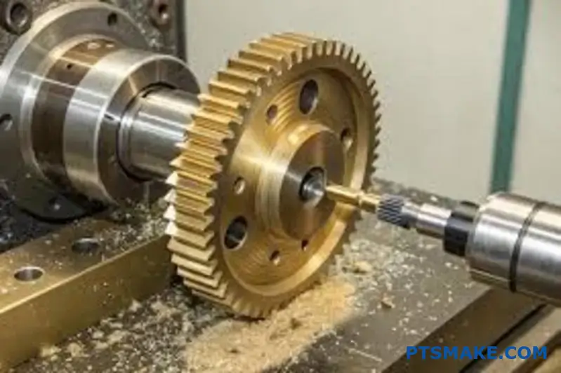 Moderne CNC-Fräsmaschine zur präzisen Bearbeitung eines Getriebeteils aus Goldbronze in einer professionellen Fertigungswerkstatt