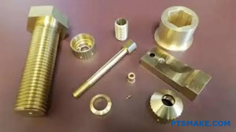 Verschiedene Bronzeteile in präziser CNC-Fertigungsqualität mit goldenem Metallfinish auf der Werkstattoberfläche