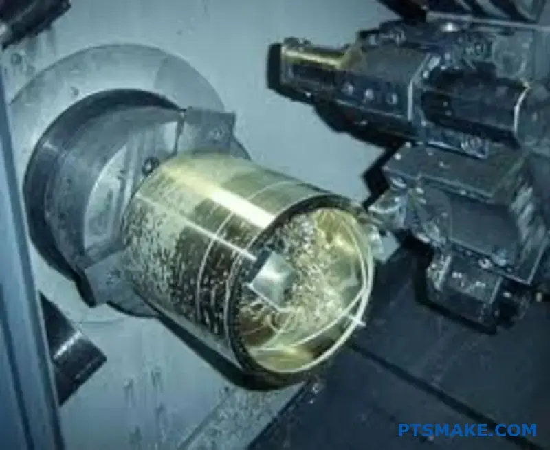 CNC-Präzisionsfräsen eines mechanischen Bronzeteils mit detailliertem Bearbeitungsvorgang und Eingriff des Schneidwerkzeugs