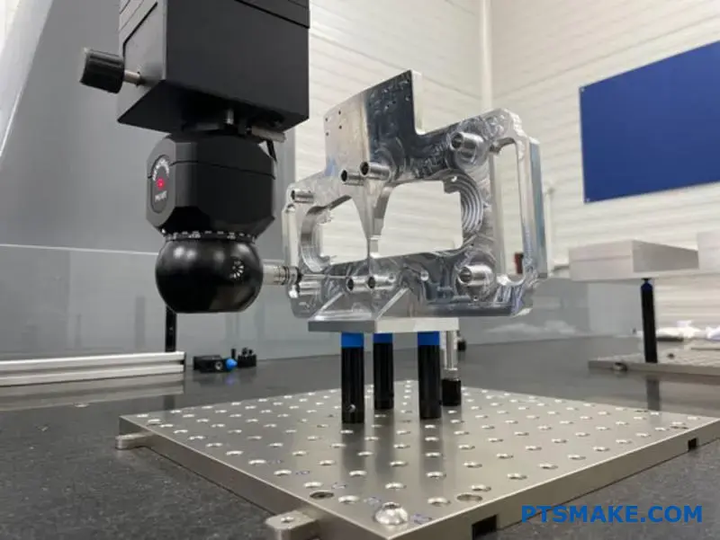 Advanced coordinate measuring machine inspecting machined automotive component for cnc manufacturing quality control