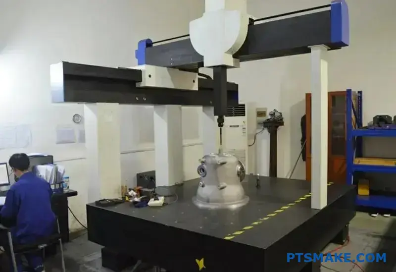Precision CNC machined aerospace bracket undergoing coordinate measurement inspection for quality assurance and dimensional accuracy verification