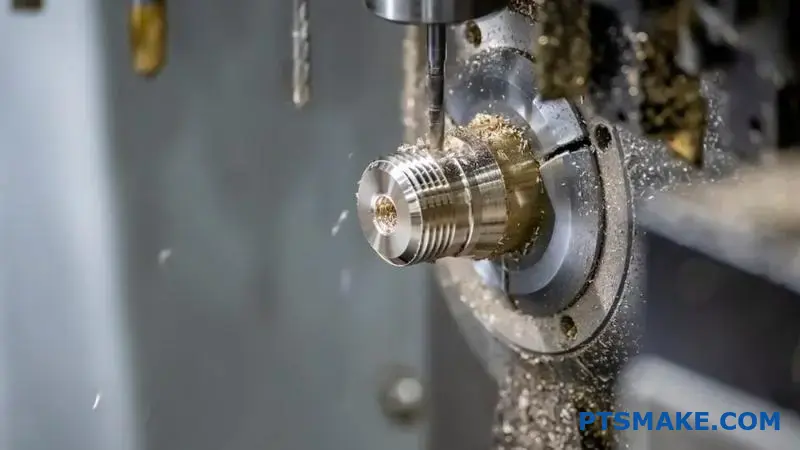 Zbliżenie na maszynę CNC frezującą metalową część