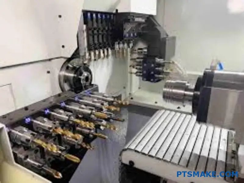 Szwajcarska tokarka CNC obrabiająca długi metalowy wał ze wspornikiem tulei prowadzącej do precyzyjnego toczenia
