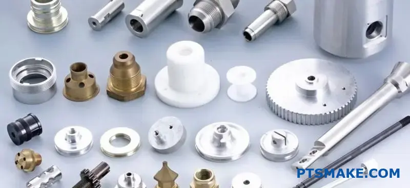 Precyzyjna szwajcarska obróbka cnc części metalowych i plastikowych pokazująca wszechstronność materiałów do zastosowań lotniczych i medycznych