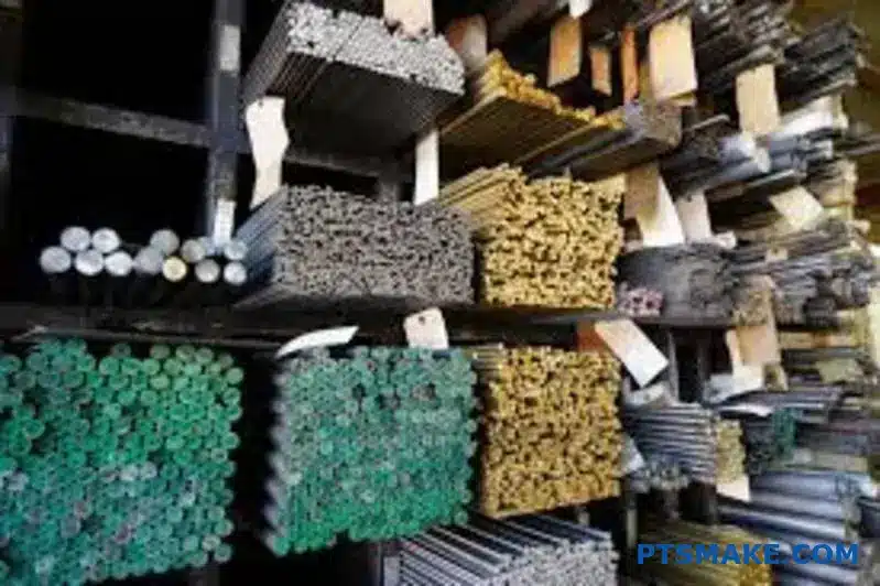 Różne próbki materiałów do precyzyjnej obróbki szwajcarskiej, w tym mosiężne elementy cylindryczne z aluminium i stali nierdzewnej