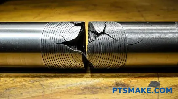Close-up of fractured metal component displaying stress concentration and material degradation patterns from cyclic loading