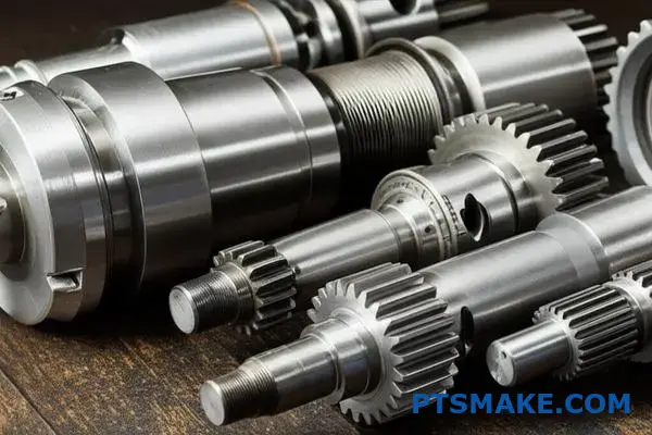 Różne metalowe wały i koła zębate wyświetlające wzory naprężeń materiałowych i charakterystyki zmęczeniowe na powierzchni warsztatu